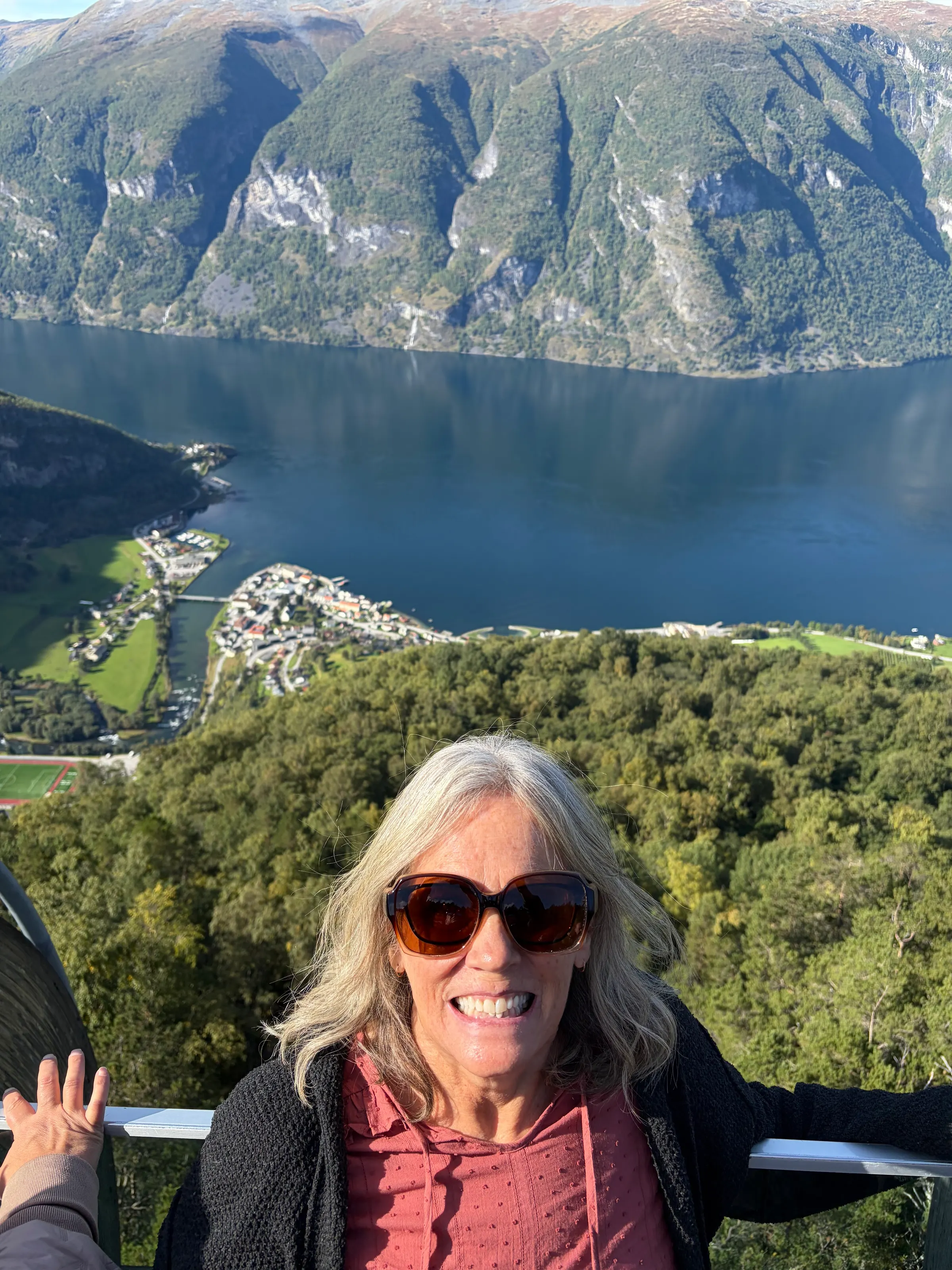 This is Denise leaning on a glass thing with her life in peril dangling over the cliff at Stegastein. I just don’t get it.