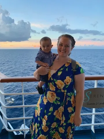 Pictures before formal dinner behind the boat with the sun going down. Karlie and Atticus...