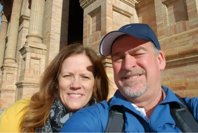 Two tired and weary travelers....but still smiling.