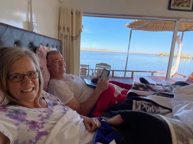 Us this morning appreciating view from our bed. It looks like it is going to be a lovely day.