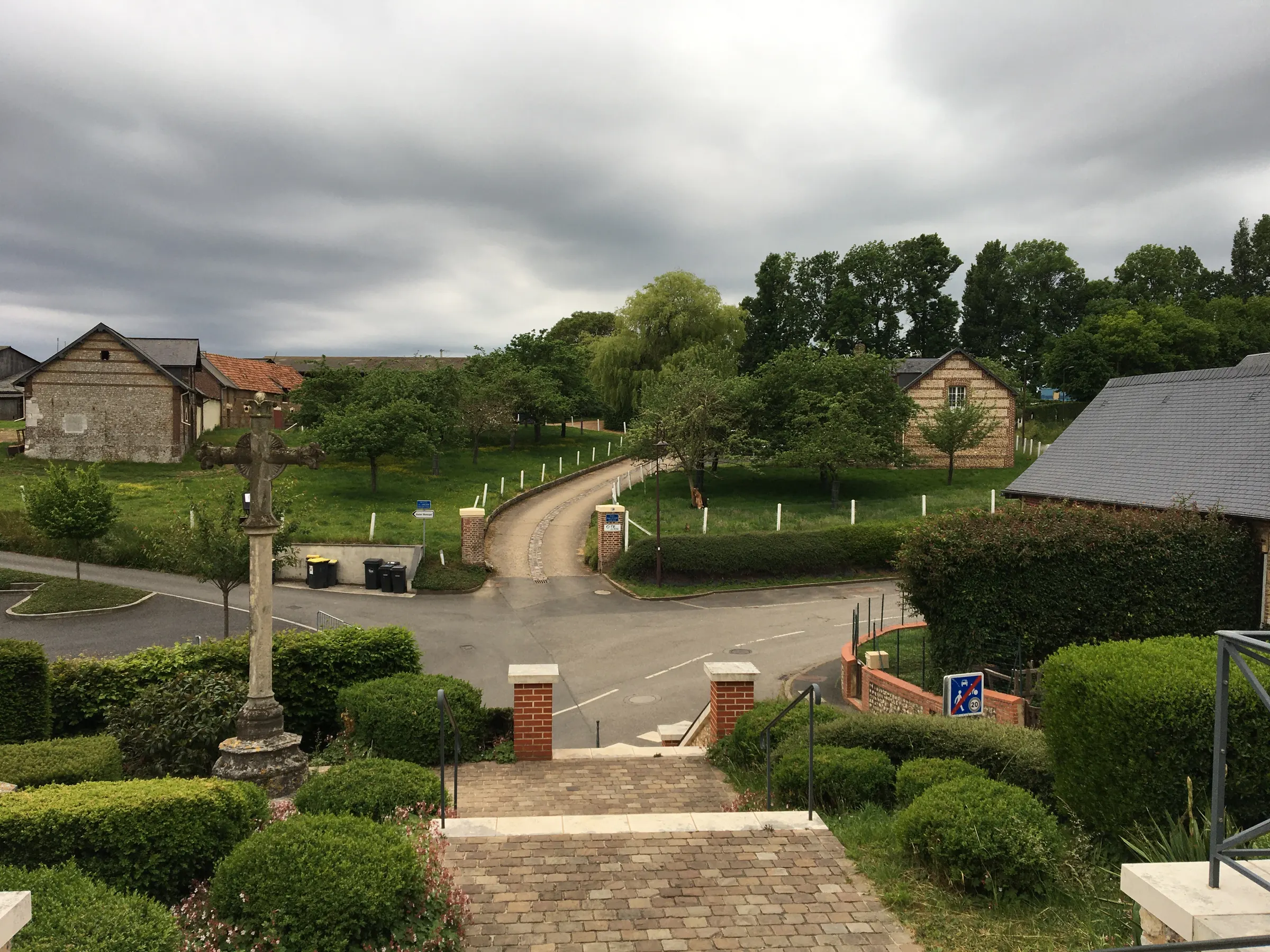 I was standing in front of the town church looking down the road where our BNB was.