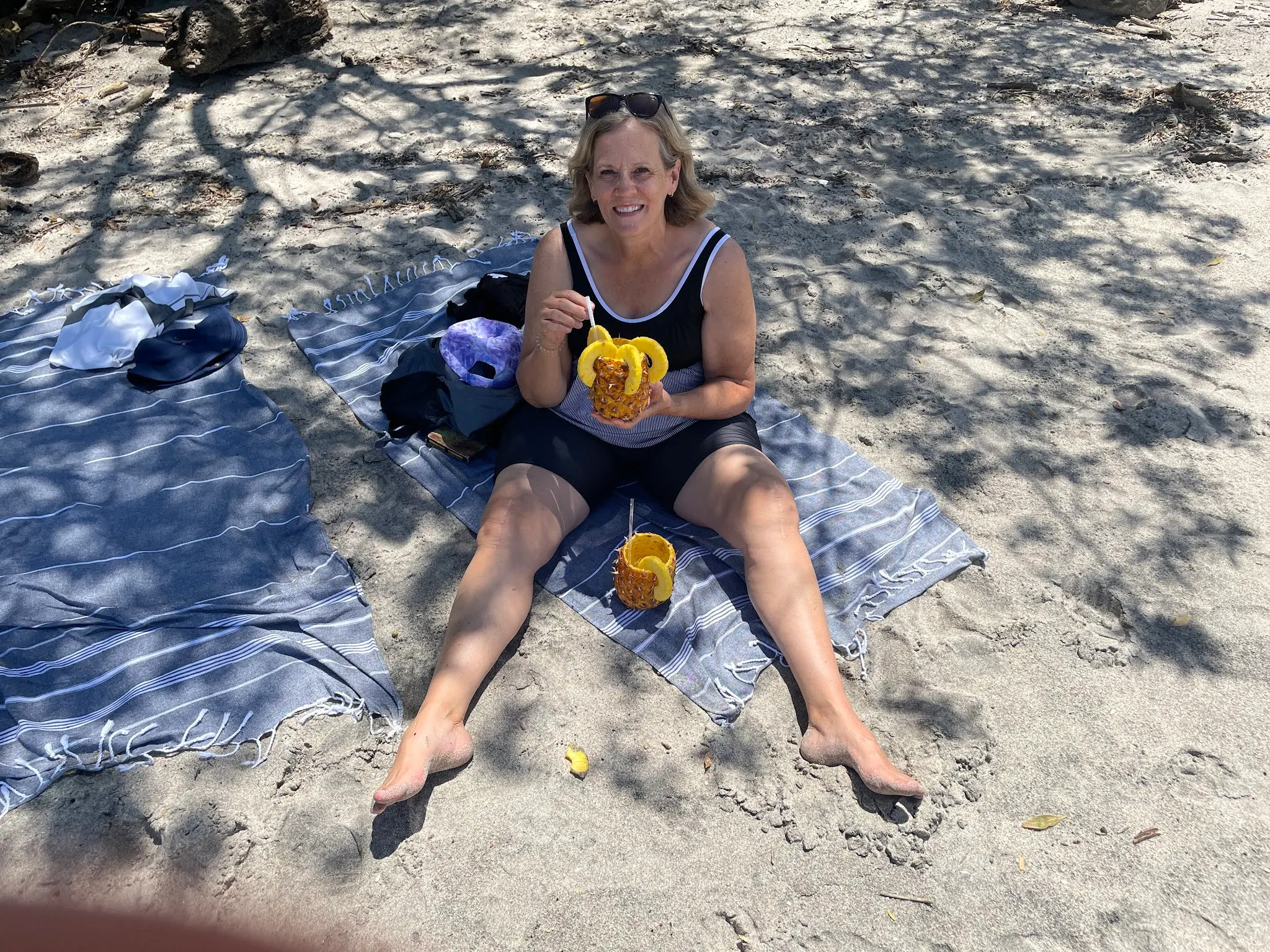 I guy came around offering to make and sale us pina colada in a pineapple shell. I noticed that the price included alcohol. So in my probing way, I asked if the price was reduced if we had no alcohol. He started by knocking $1 off. I said come on. He then went down $3. I said sold…and Denise was a happy camper!