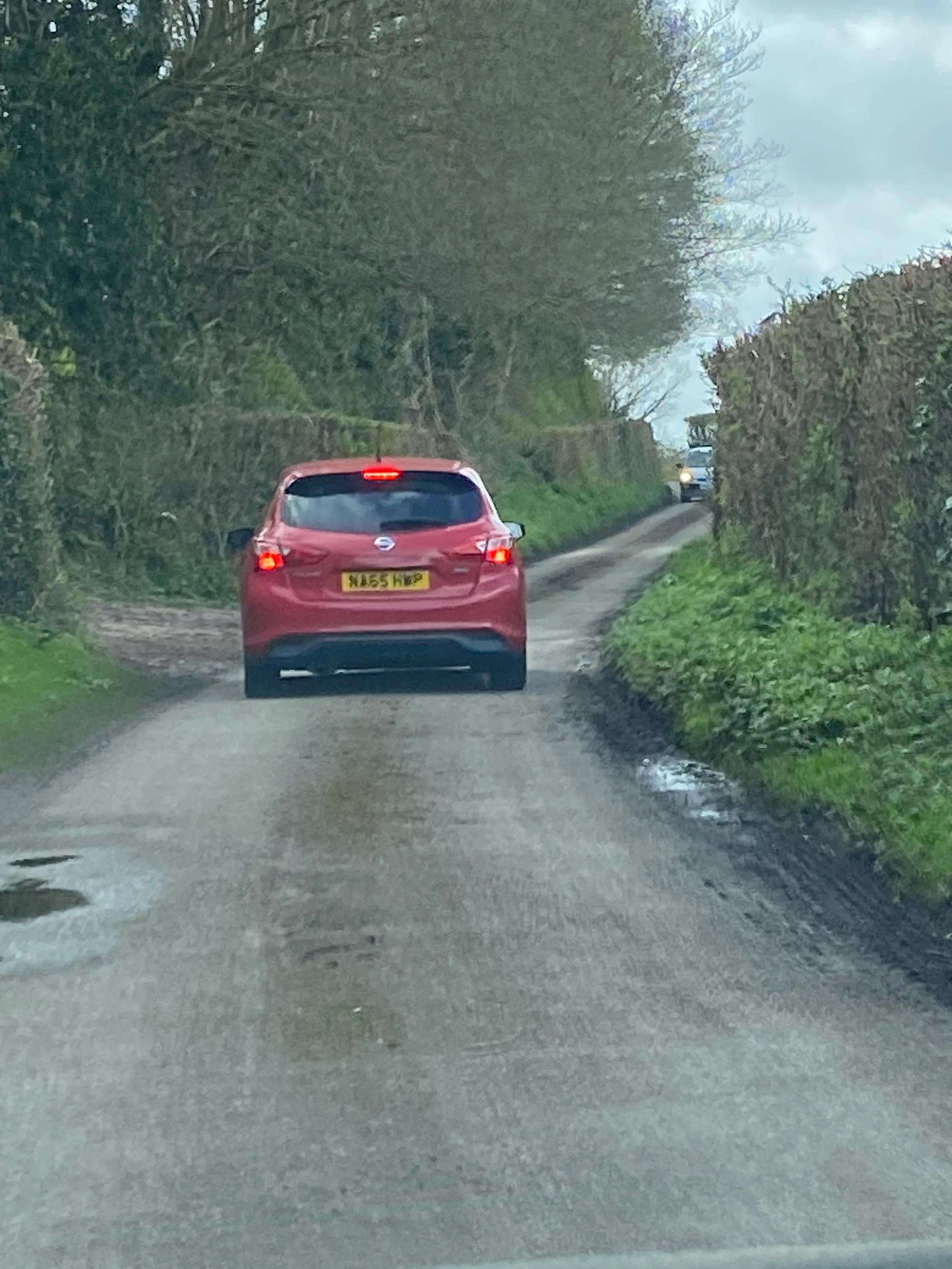 One of the larger highways we traveled on today. That’s our little red car taken by our friends behind us. This was on the way to the Old Soar Manor. You can see a car coming at me. Fortunately there was a pull out otherwise I’d be backing up a long ways as there is no room on these roads to pivot around.