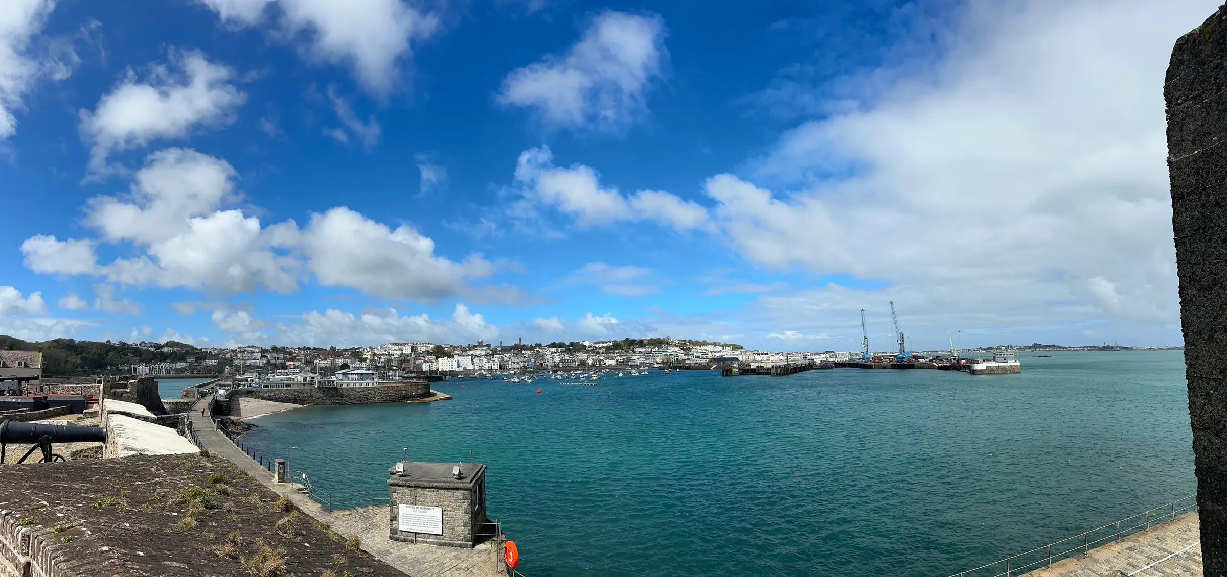 Looking back at the harbor town of St Peter’s Port.