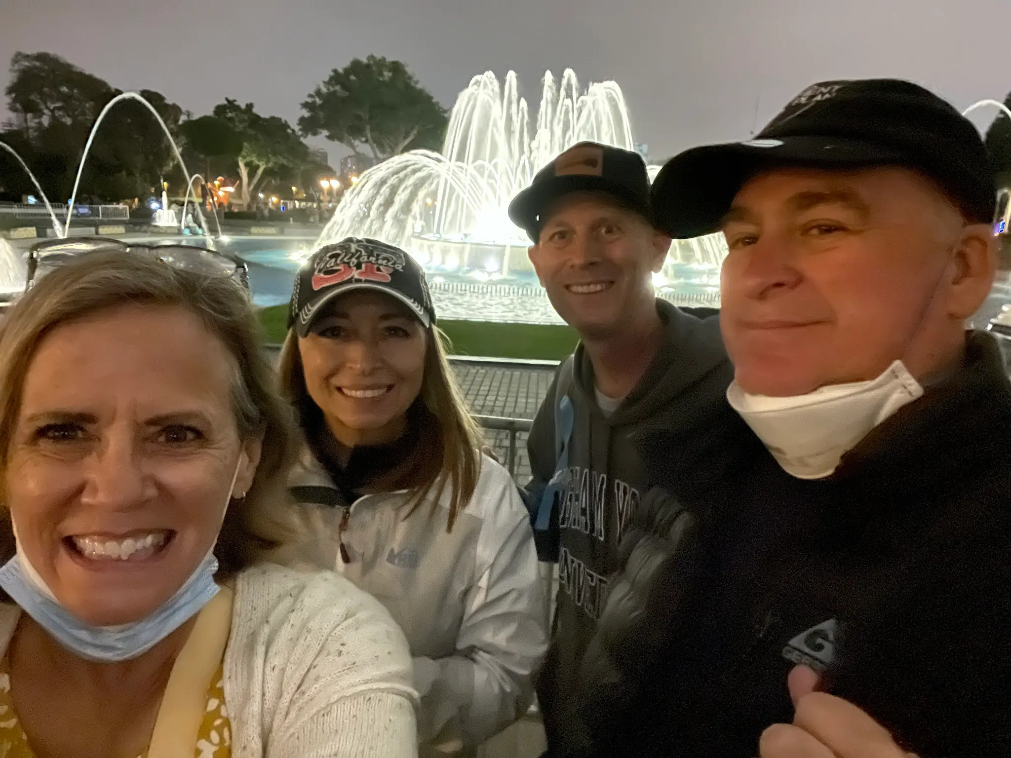 The group getting close to call it is night at the water show.