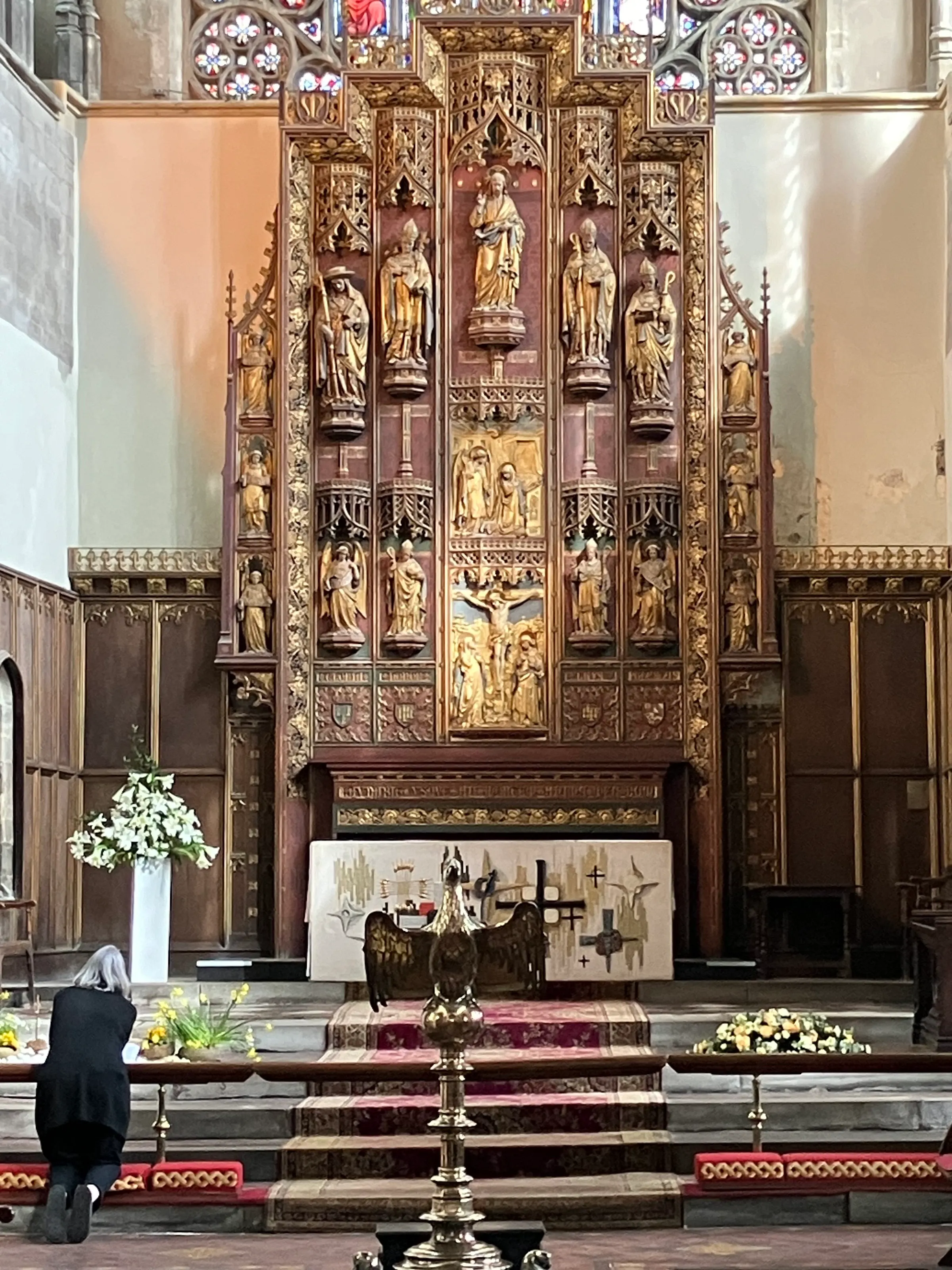 This was behind the altar in King Lynns Minster. Made of wood mostly. It was interesting. Different from other works we’ve seen in other chapels.