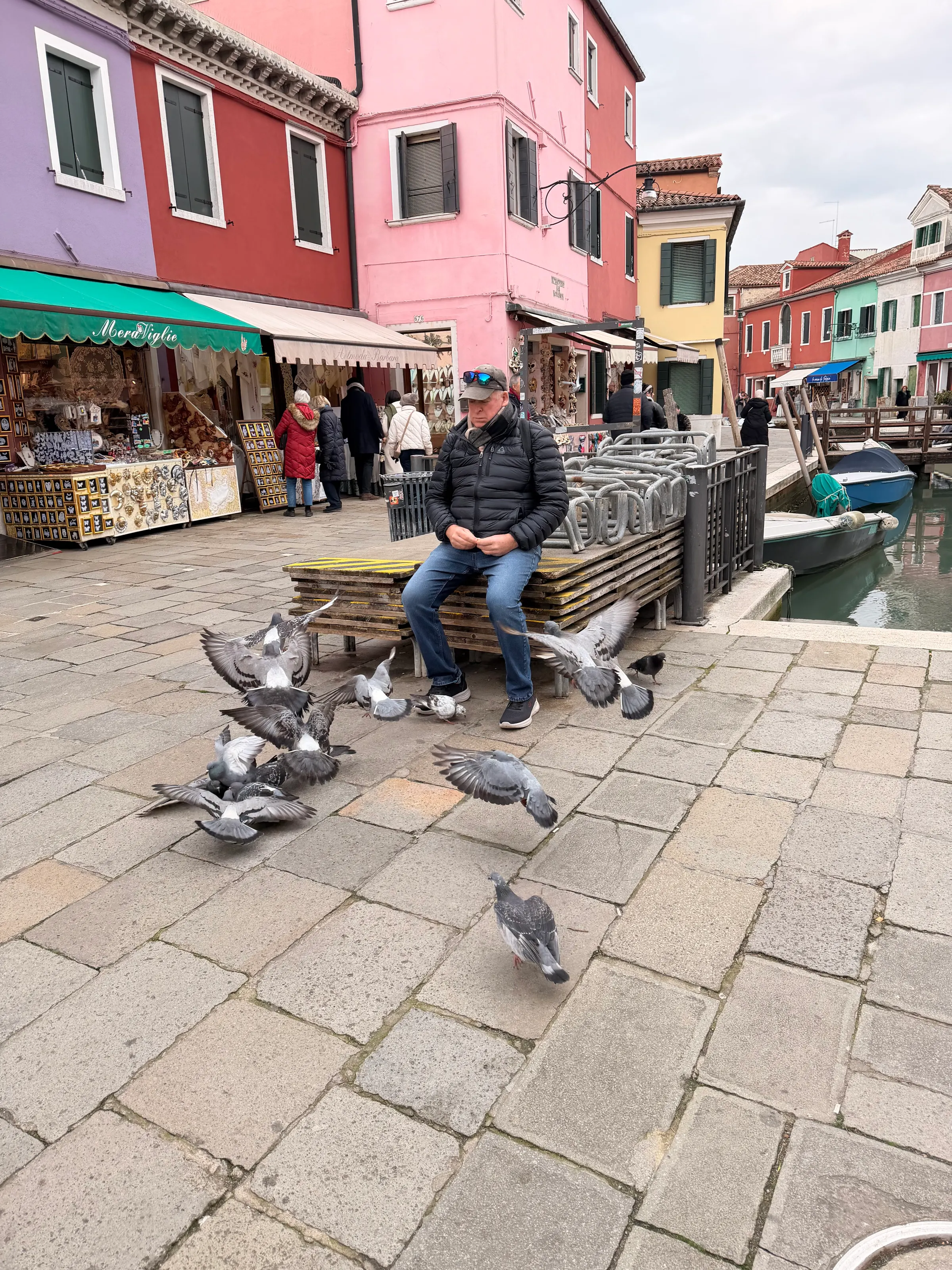 Mary Poppins feeding the pigeons as he waited in Burano. It was fun watching the bird WWE match over a small bread crumb.