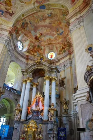 Inside of the church. Beautiful art on ceilings....