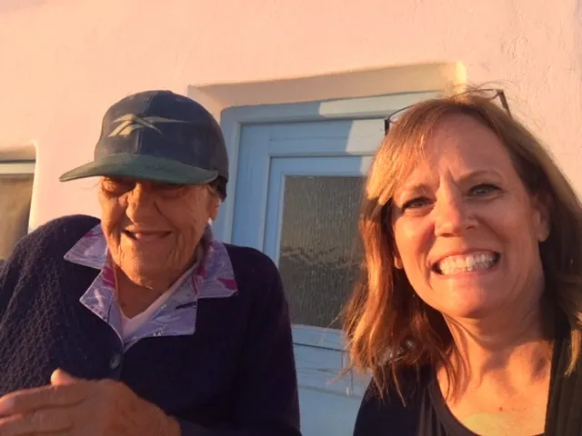 The 200 year old Greek woman who managed who got good shots of the three blue domes in Oia. She was either really happy or screaming...pretty funny!