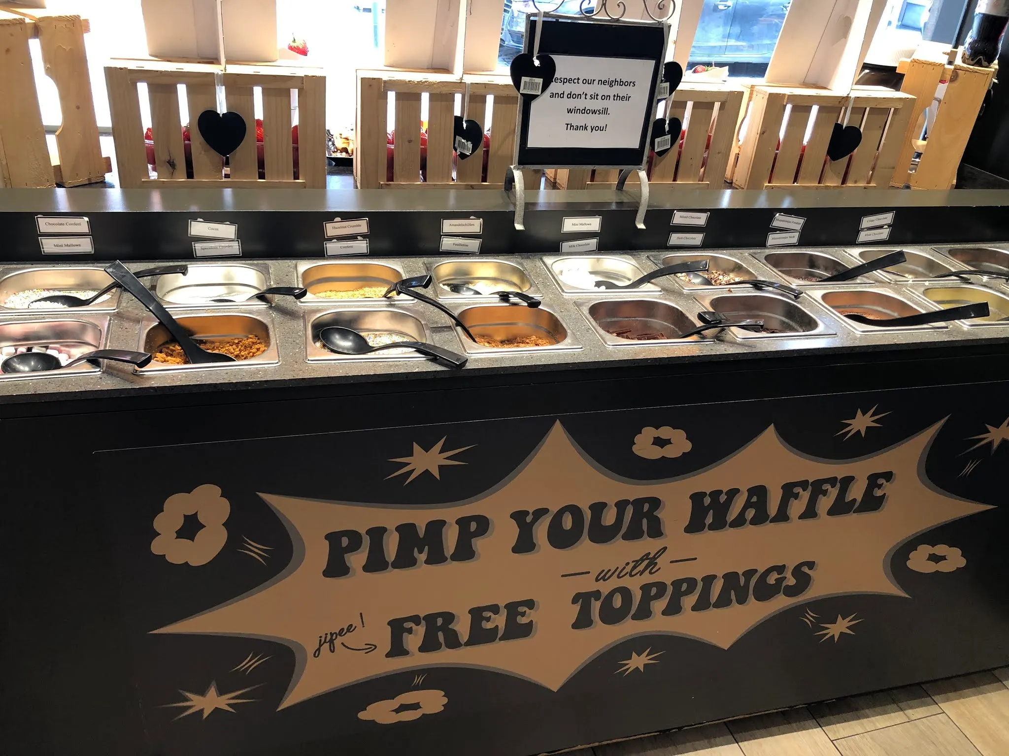 Free fixings for your waffle. I buried mine in dark chocolate with whipping cream.